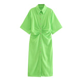 Women Chic Fashion Button-up Draped Midi Shirt Dress