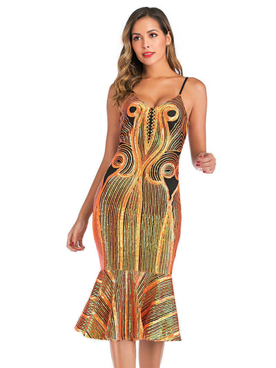 Sexy Suspender Backless Sequined Dress