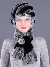 Warm Pineapple Rex Rabbit Fur Hat Scarf Set