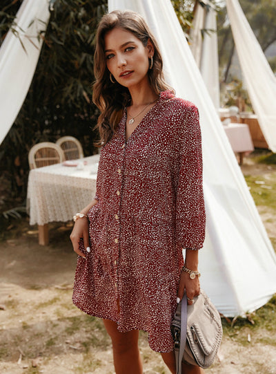 Print Above Knee Mini V-neck Three Quarter Sleeve Dress