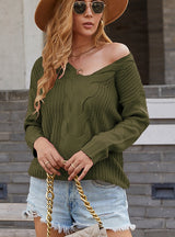 Solid Color V-neck Twist Sweater