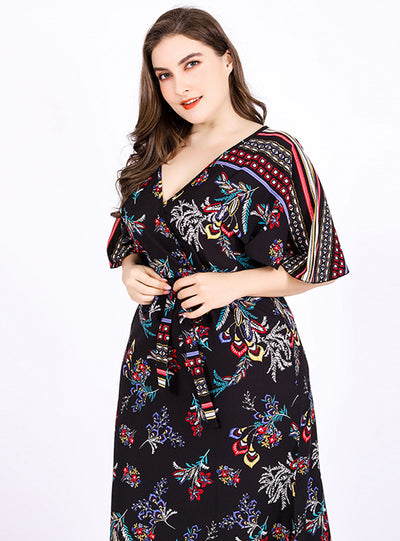 V-neck Short Sleeve Retro Printed Bohemian Chiffon Dress