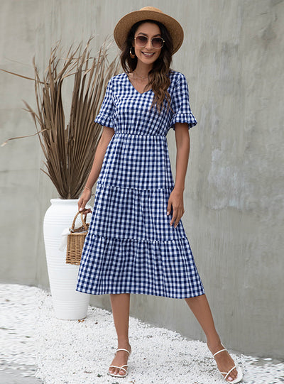 Summer Plaid Print Short Sleeve Dress