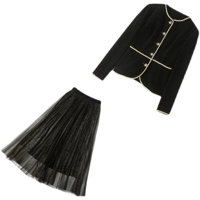 Retro Velvet Coat Gauze Skirt Two-piece Suit