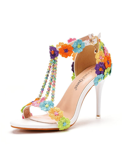 9 cm Buckle Colorful Lace High Heels Sandals