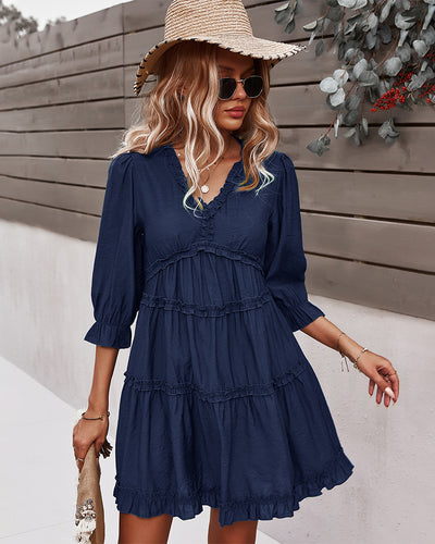 Long Sleeve V-neck Short Dress