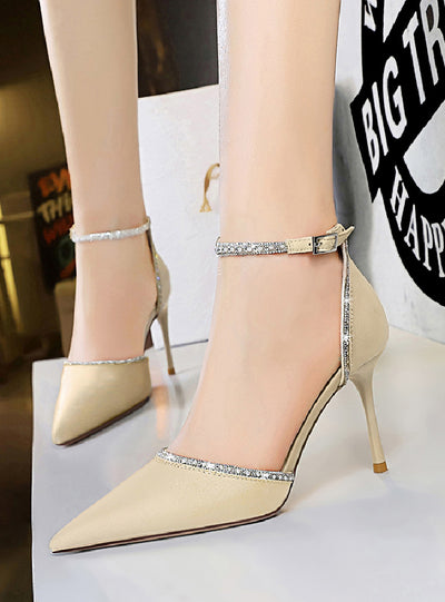 Heel Satin Shallow Pointed Rhinestone Sandals