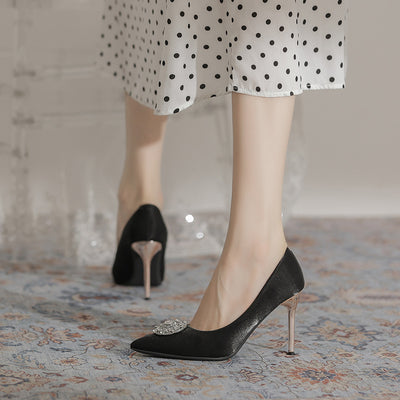 Women Silk Fine Heel Pointed Shoes