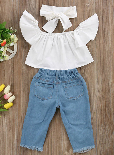Tops White+ Hole Denim Pant Jean Headband 3PCS 