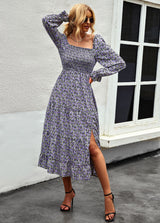 Retro Square Collar Printed Holiday Style Dress