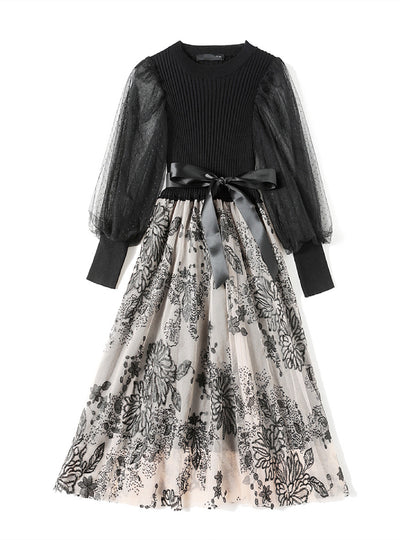 Black Mesh Stitching Long Sleeve Dress
