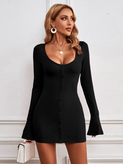 Sexy Single-breasted Knitted Long-sleeved Dress