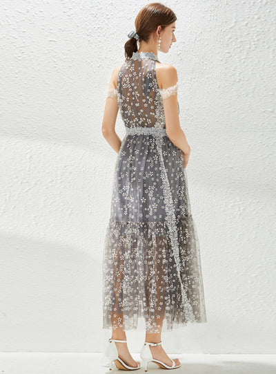 Collar Gauze Print Perspective Dress