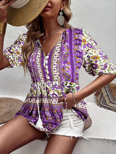 Fringed V-neck Printed Casual Shirt
