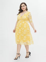 Yellow Lace V-neck Short Sleeve Plus Size Dress