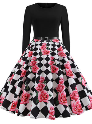 Rose Flower Print Long Sleeve Dress