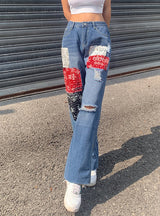 Contrast Color High Waist Hole Jeans