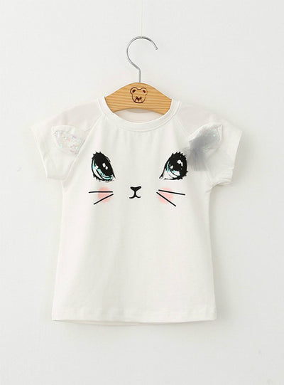 Cartoon Kitten Printed T-Shirts+Net Veil Dress
