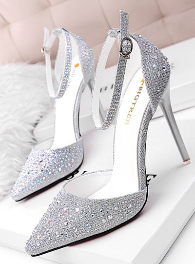 High Heels Shoes Woman Silver Rhinestone Wedding Shoes