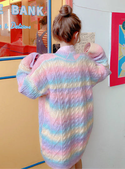 Women Rainbow Knitted Cardigan Sweet Sweater