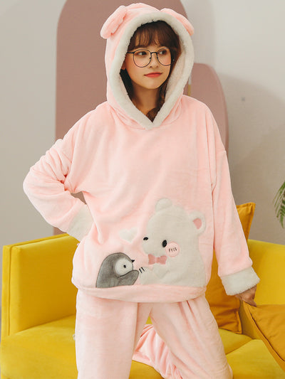 Blue Penguin Polar Bear Pajamas Female Coral Fleece Thick