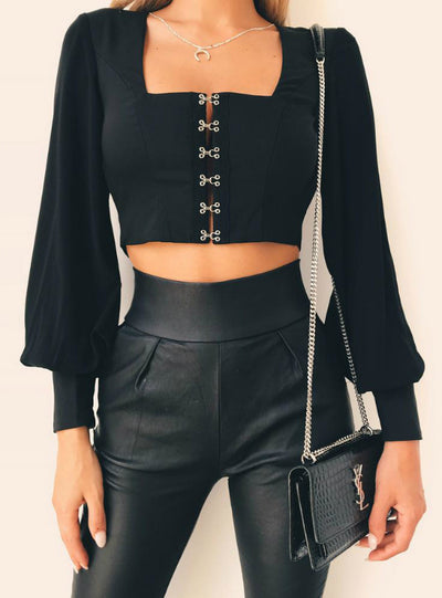 Open Back Strap Sexy Long Sleeve Blouse