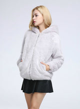 Short Zipper Mink Fur Coat With Cap Imitation Mink Fur