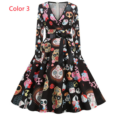 Long Sleeve V-neck Slim Print Dress