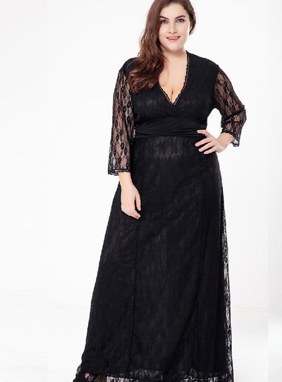V-neck Black Hollow Three-quarter Sleeve Lace Dress