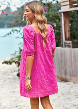 Solid Color Openwork Jacquard Square Collar Dress