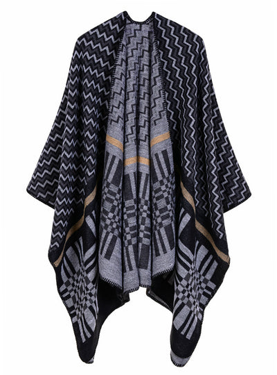 Cross Wavy Geometry Cashmere Shawl Cape