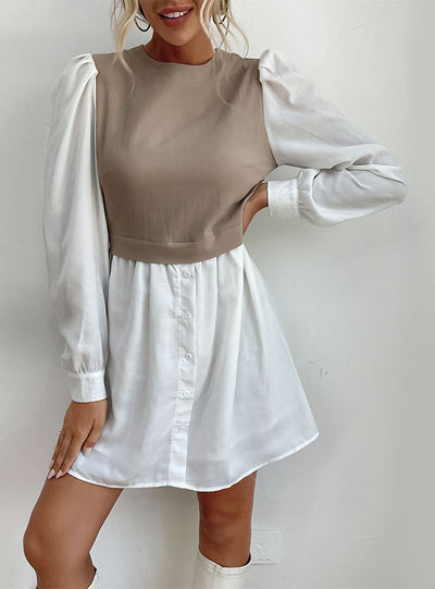 Round Neck Bubble Sleeve Stitching Shirt Dress
