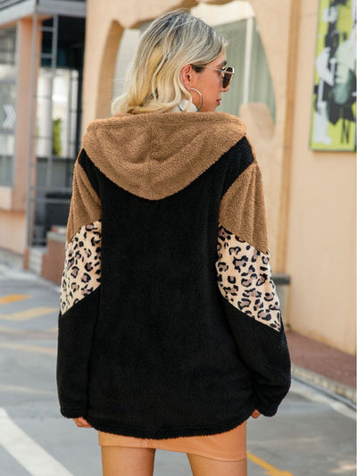 Long Sleeve Hooded Leopard Print Zipper Fleece Coat