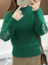 Embroidery Turtleneck Sweater Women Long Sleeve Knit 
