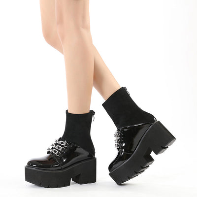 Zipper Thick-soled Spliced Metal Velvet Booties