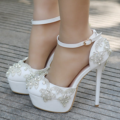 White Rhinestone Waterproof Platform Wedding Shoes