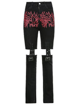 Flame Print Stitching Metal Buckle High Waist Jeans