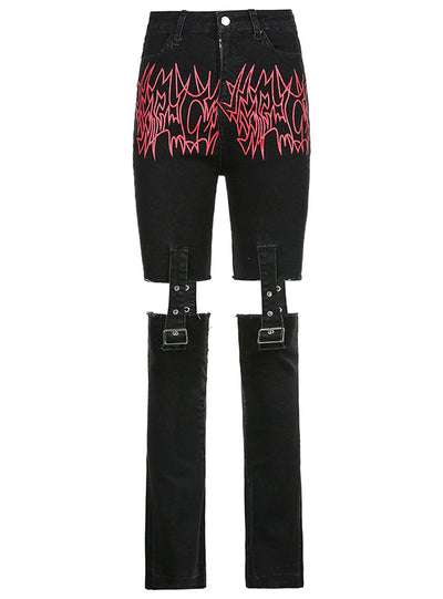Flame Print Stitching Metal Buckle High Waist Jeans