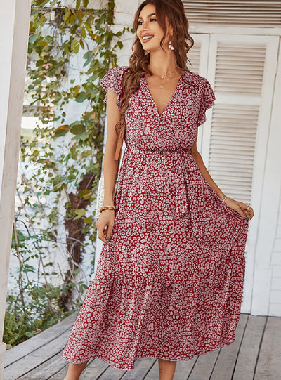 Printed V-neck Holiday Dress