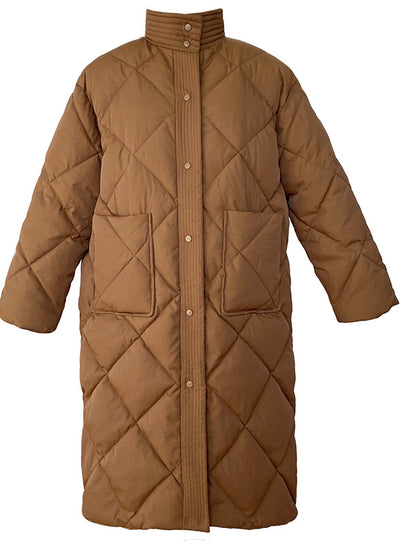 Long Cotton-padded Coat Stand-up Collar Argyle Pattern Oversized