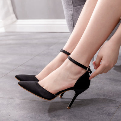 Black Silk Satin Pointed High-heeled Sandals