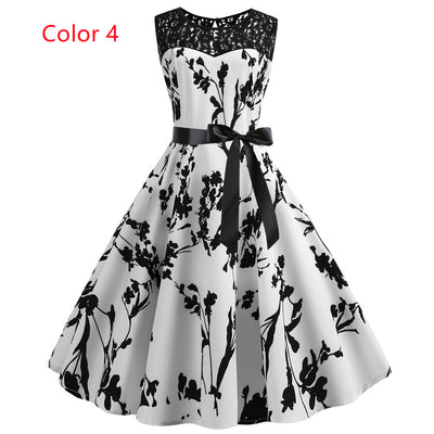 Retro Sleeveless Lace Stitching Print Dress