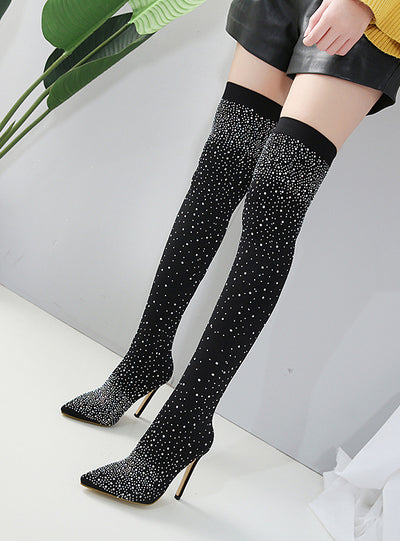Pointed Rhinestone Stiletto Heel Knee-length Boot