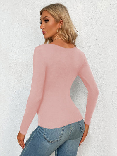 V-neck Hollow Slim Knit Long Sleeve T-shirt