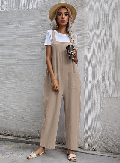 Black Cotton Lazy Loose One-piece Bib Pants