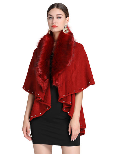 Pearl Imitation Fox Fur Collar Knitted Shawl Bucket