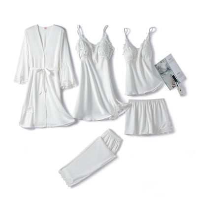Womens Lace Satin Pajamas Gown Set V-Neck Cami Nighties