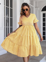Plaid V-neck Short Sleeve Dress