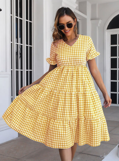 Plaid V-neck Short Sleeve Dress