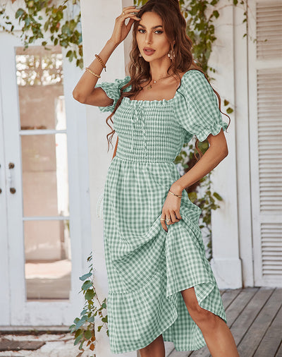 Plaid French Square Collar Dress